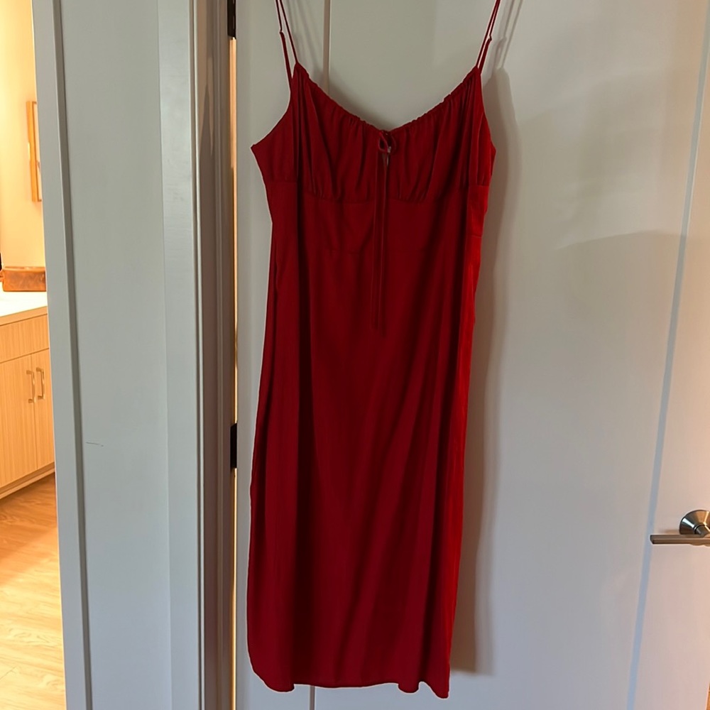 Red spaghetti strap midi dress - keyhole front with tie